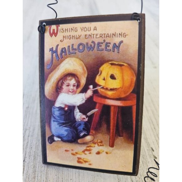 Wooden pumpkin Halloween postcard ornament shabby chic children unique tree cat - Picture 3 of 5